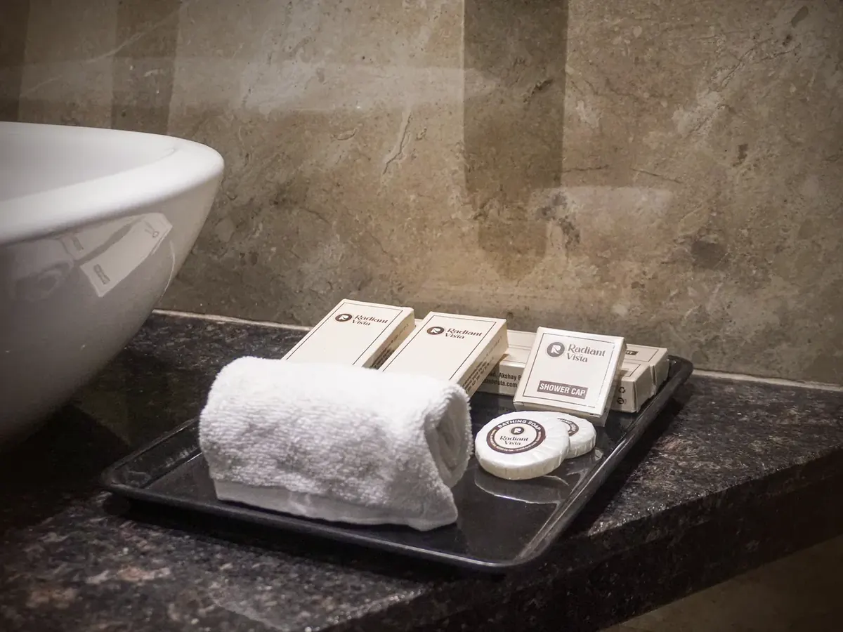 Well-appointed guest room bathroom care products and plush towels at Radiant Vista